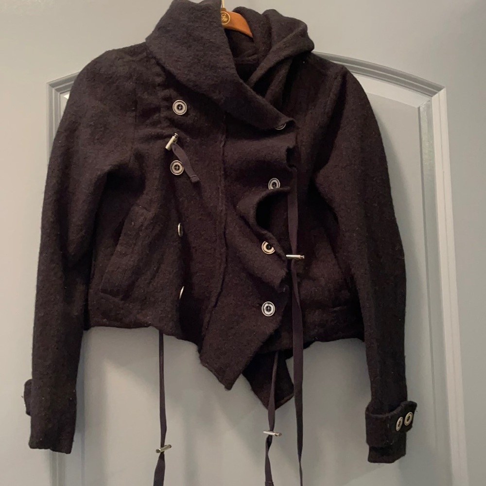 Free People Xs Black wool hoodie button up jacket